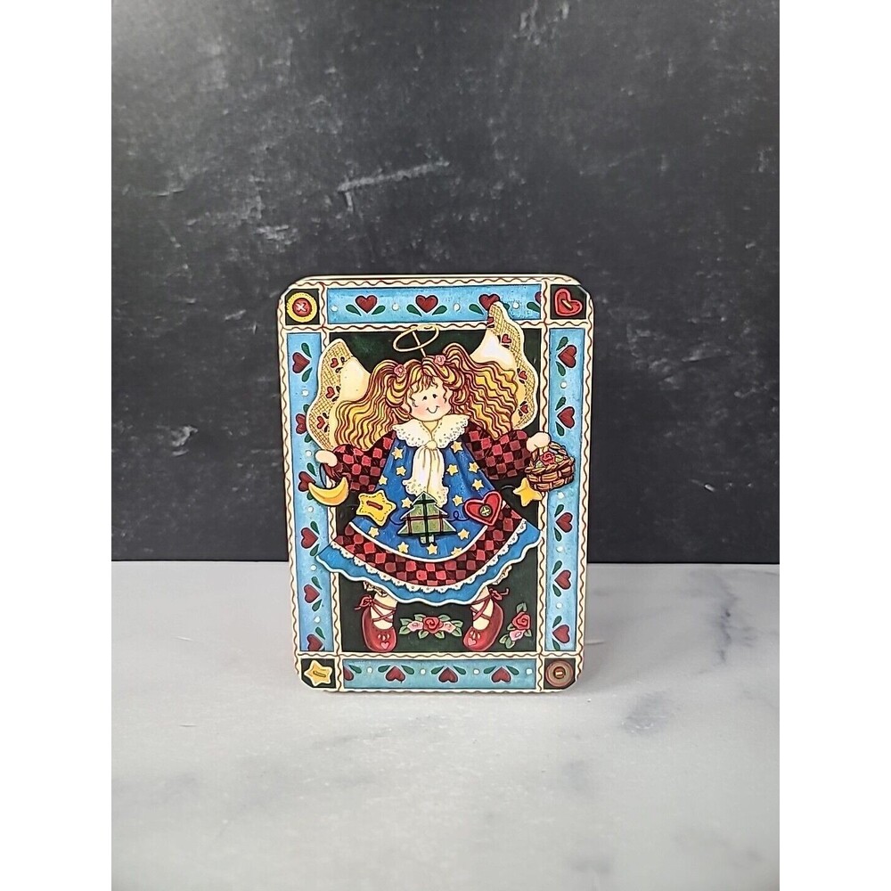 Vintage Angel Folk Art Lidded Tin, EMPTY